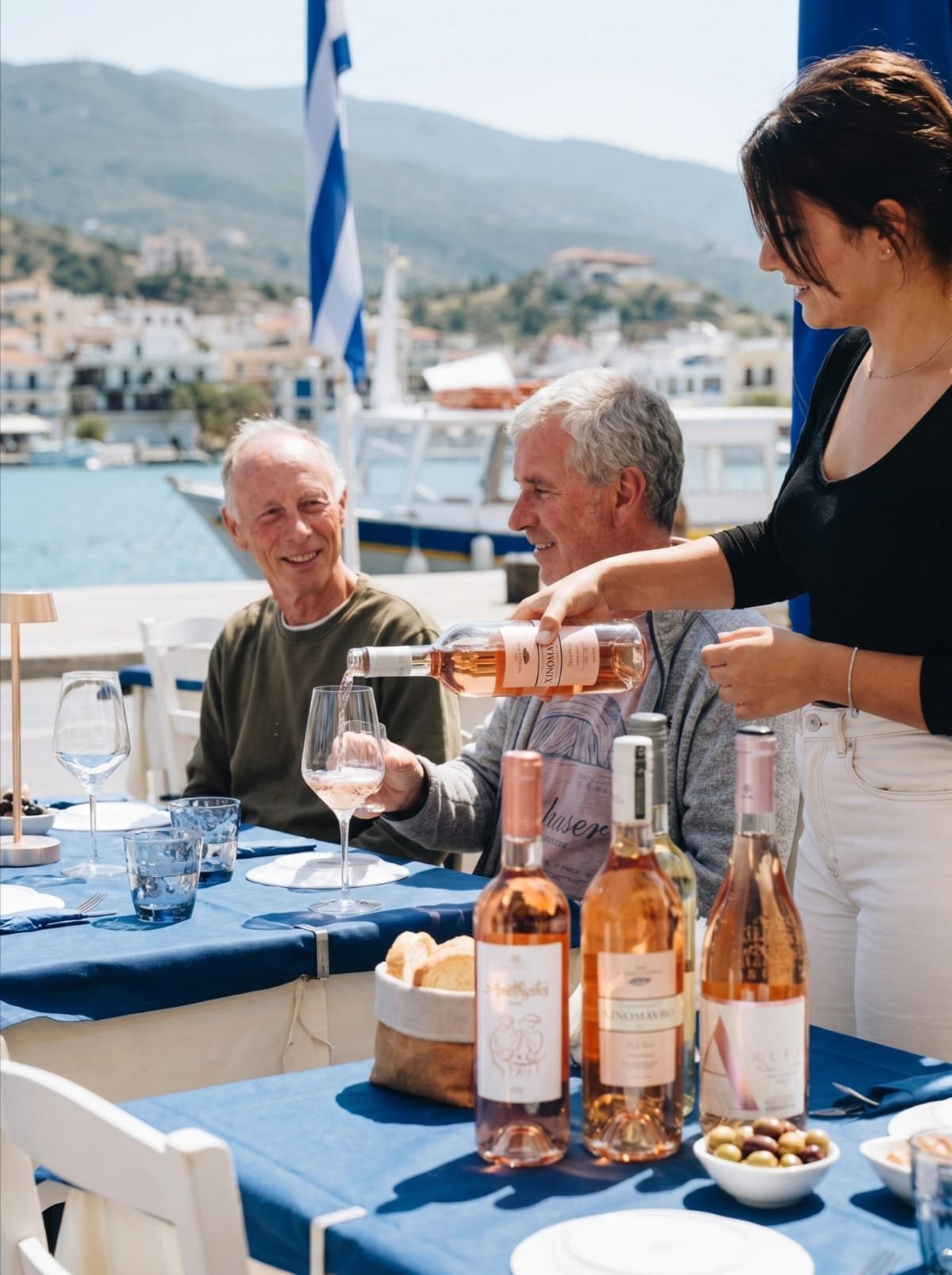 Rose wine being poured for guests at a daytime waterfront table in Poros.