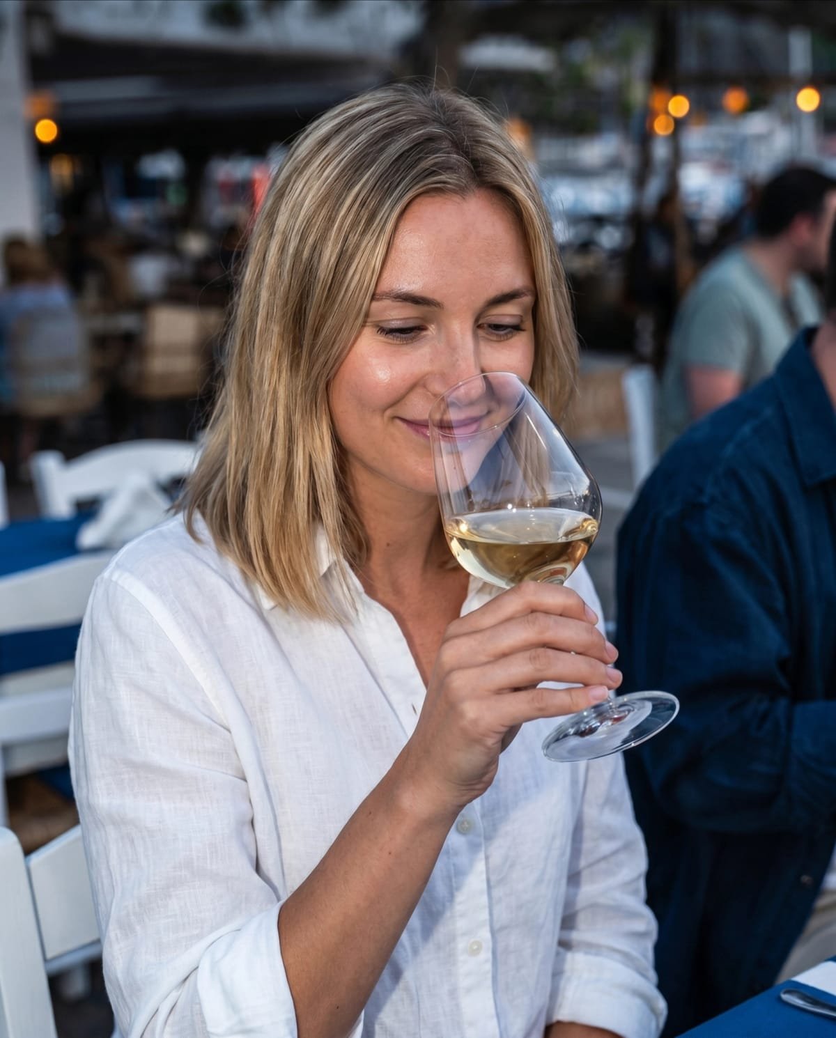 A guest enjoying a glass of white wine at Sti Rota in Poros.