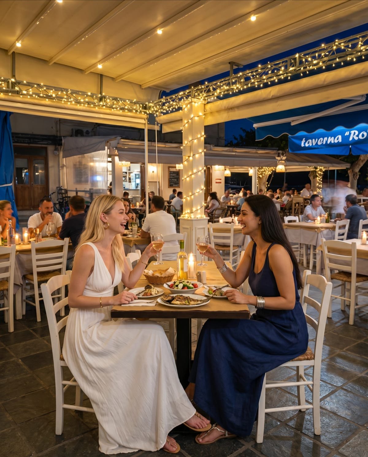 Friends sharing white wine and dinner under the terrace lights at Sti Rota.