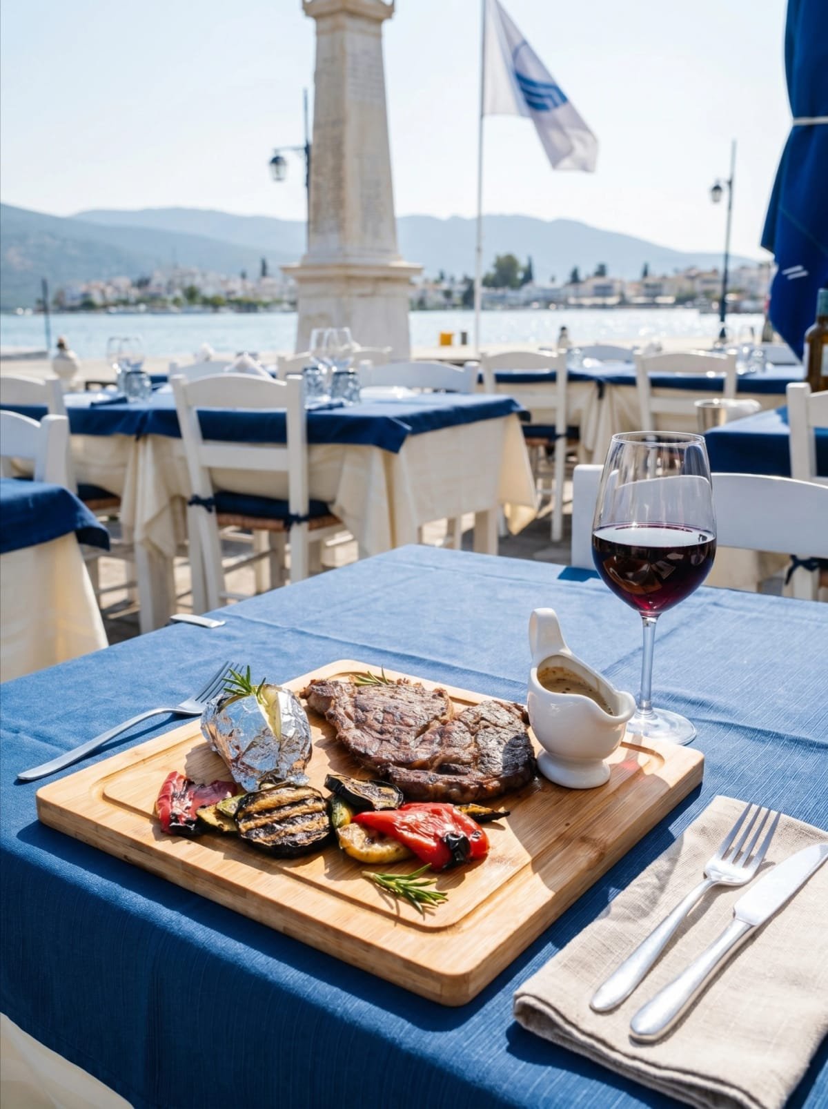 Steak board, baked potato, grilled vegetables, and red wine by the water.