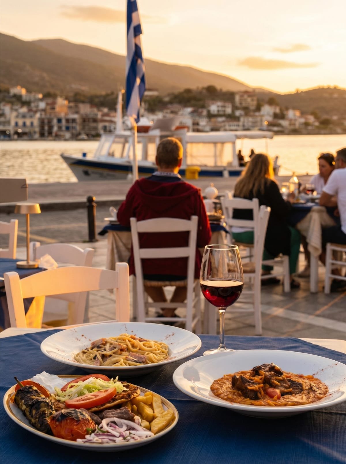 Pasta, grilled dishes, and red wine on a harbor table at sunset.