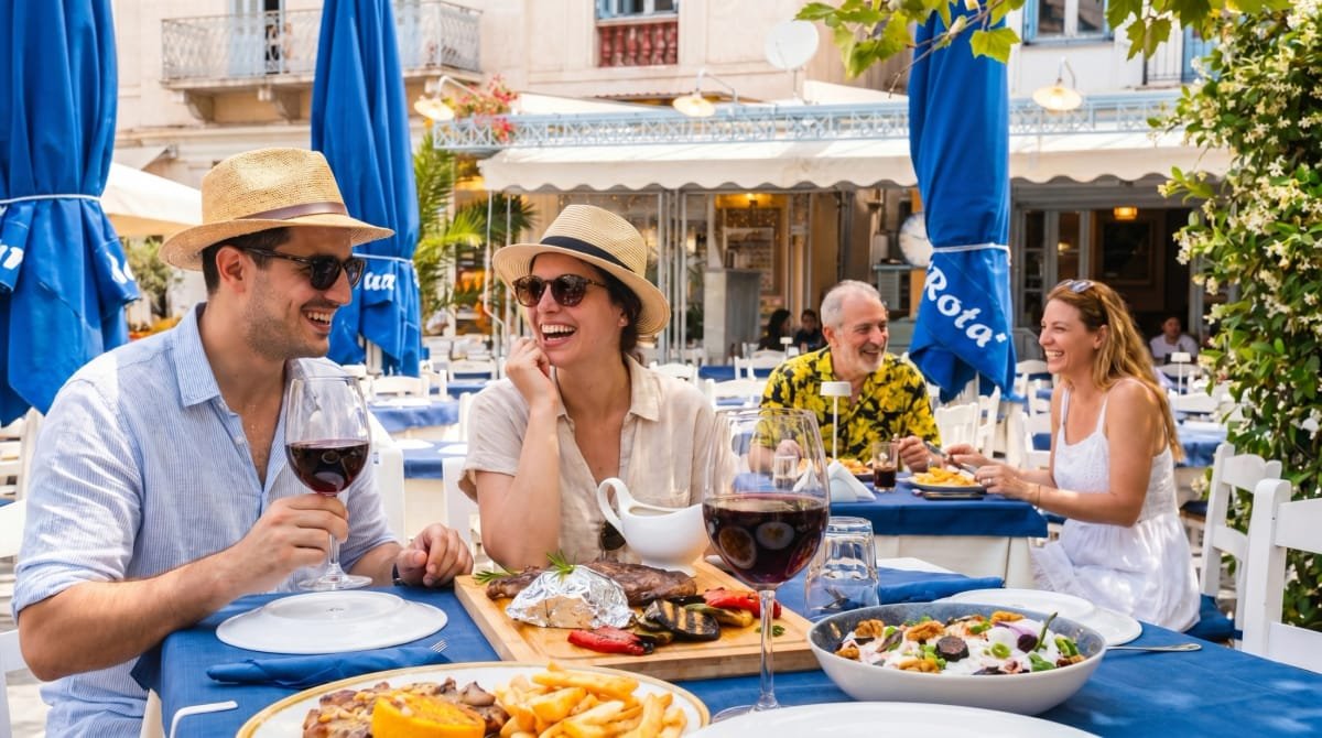 Guests laughing over wine and grilled dishes on the sunny Sti Rota terrace.